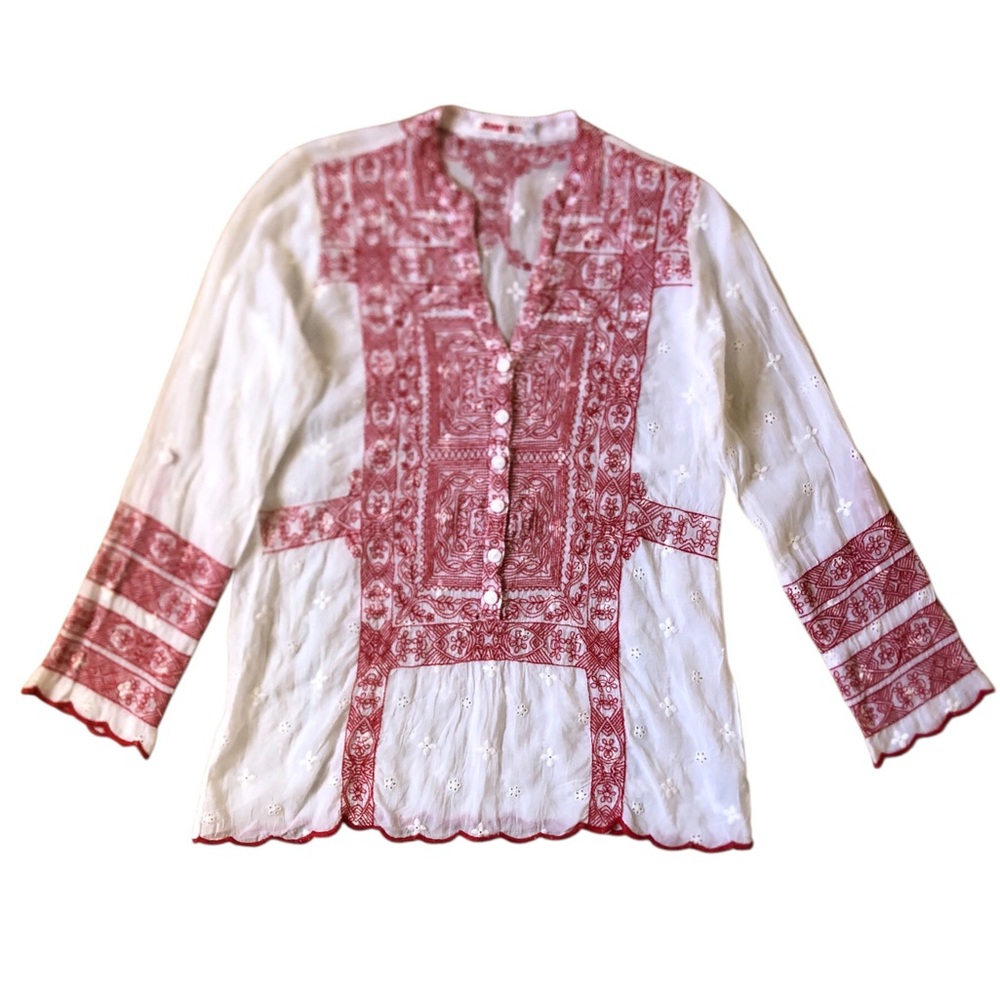 Johnny Was Whisper Blouse White Tunic Top with Red Embroidered Panels Women’s XS